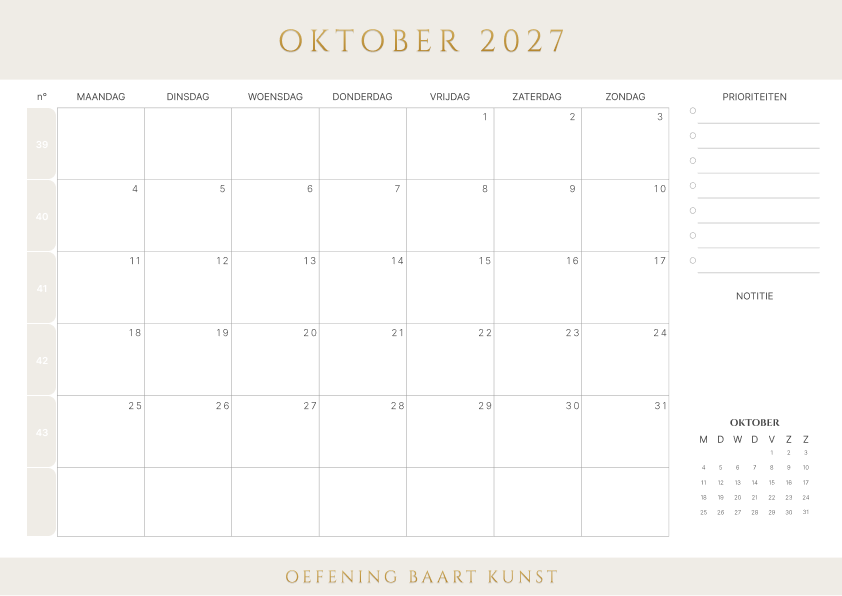 Kalender oktober 2027 Met Weeknummers Prioriteiten Latte