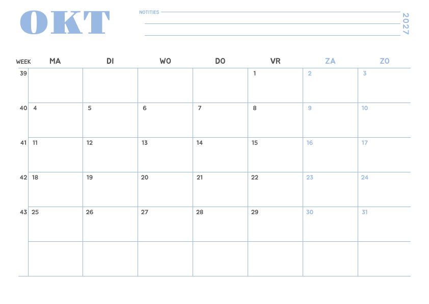 Kalender oktober 2027 Minimalistisch Hemelsblauw