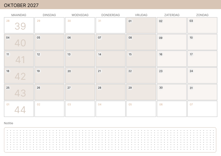 Kalender oktober 2027 Zachtgeel