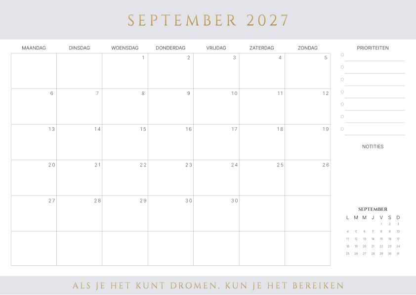 Kalender september 2027 Bruin