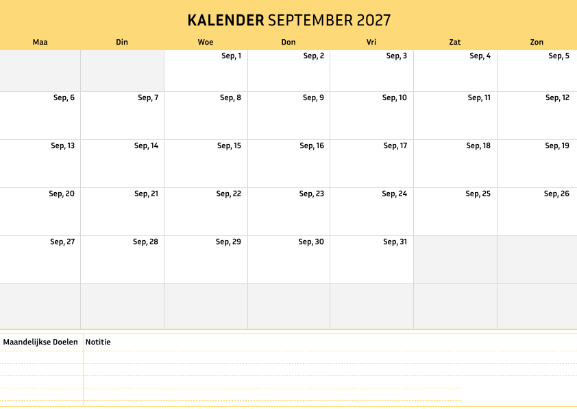 Kalender september 2027 Cremekleur