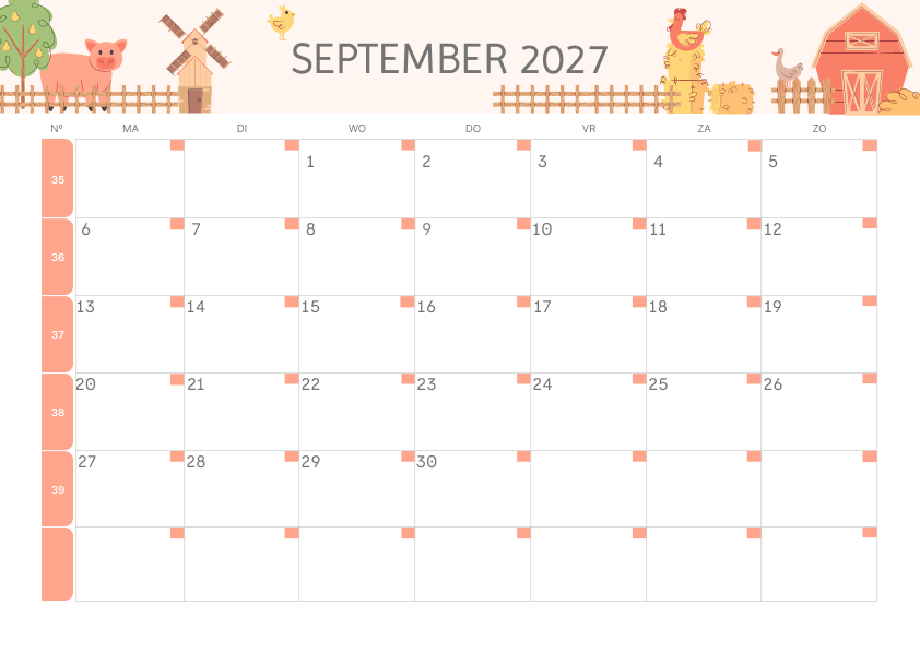 Calendario Mensile 2027 Agosto Minimalista