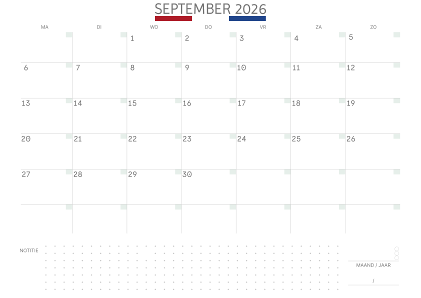 Kalender september 2027 Met Feestdagen Notities Salie