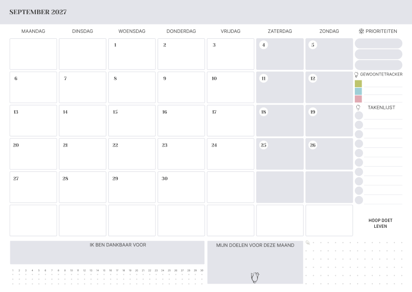 Kalender september 2027 Met Feestdagen To Do Lijst Lavendel
