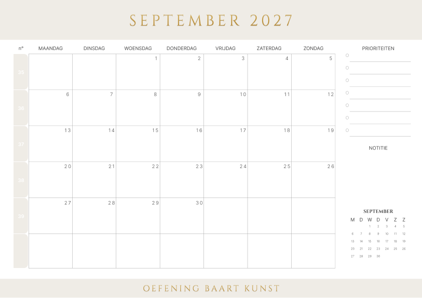 Kalender september 2027 Met Weeknummers Prioriteiten Latte