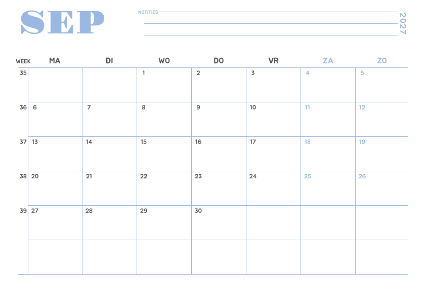 Kalender september 2027 Minimalistisch Hemelsblauw