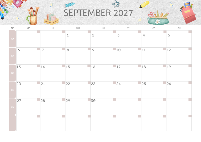 Calendario Mensile 2027 Agosto Colorato