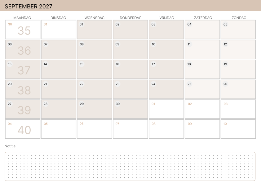 Kalender september 2027 Zachtgeel