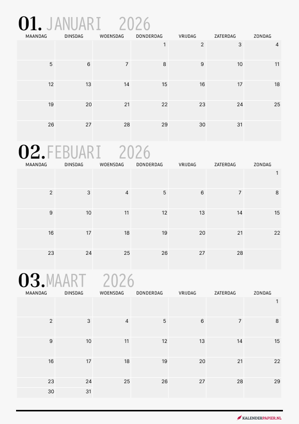 Kwartaalkalender 2026 K1 Minimalistisch