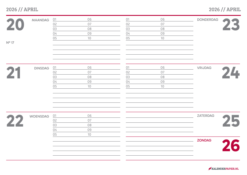 Weekkalender 2026 Modern