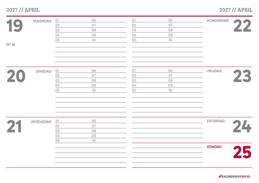 Weekkalender 2027 Modern