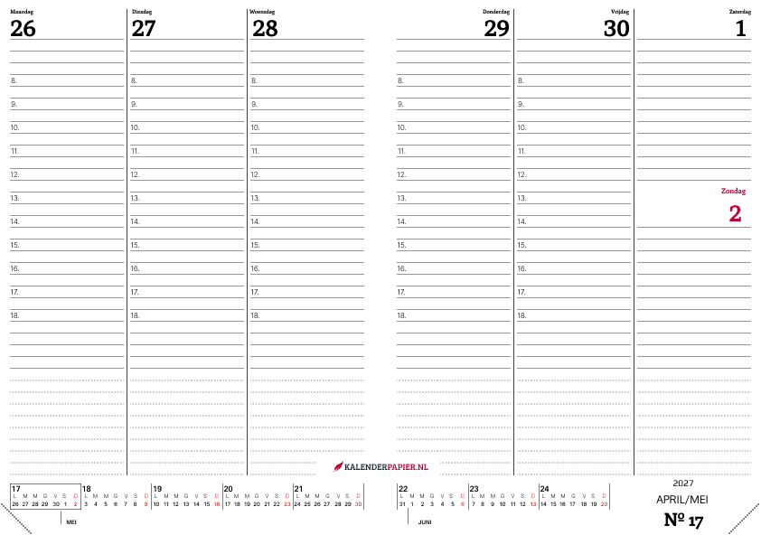Weekkalender 2027 Minimalistisch