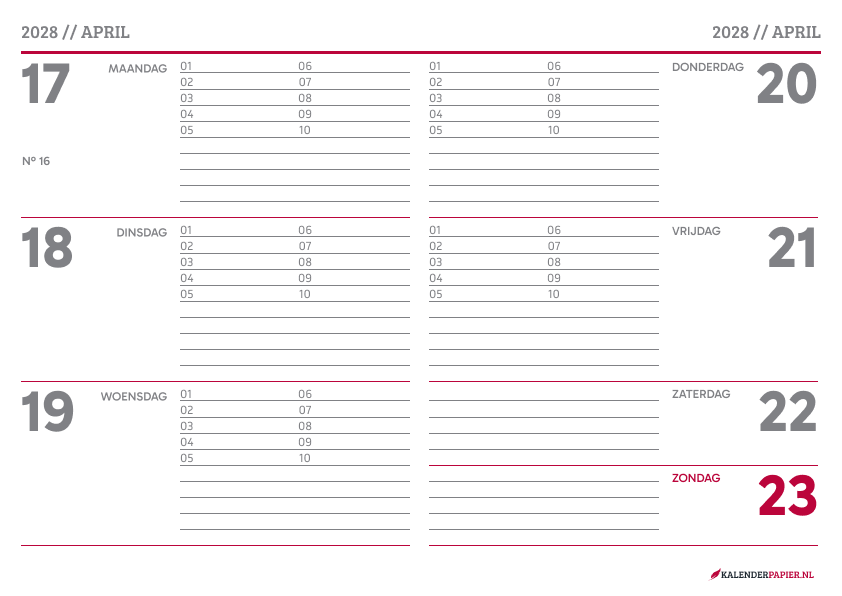 Weekkalender 2028 Modern